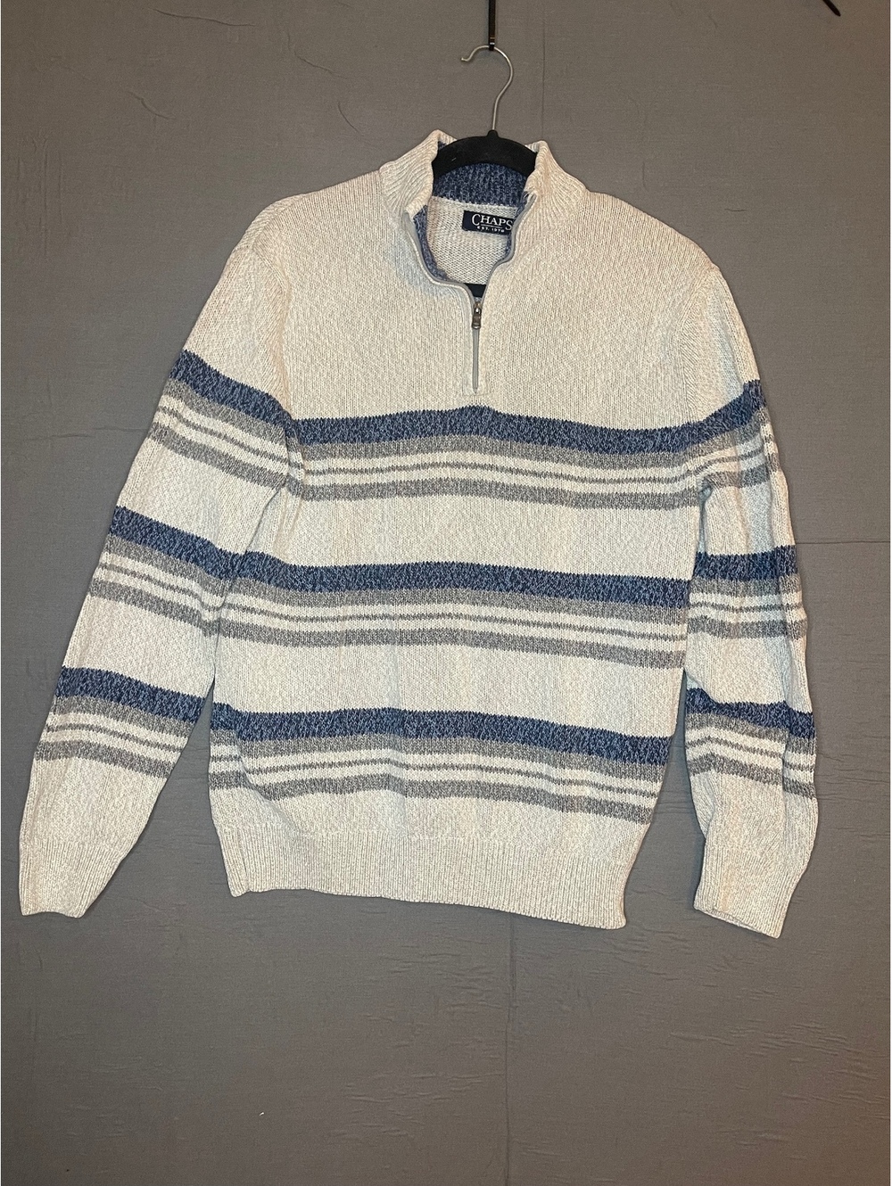 Chaps Mens Medium Quarter Zip Sweater Striped Cream Blue Knit Pullover Preppy
